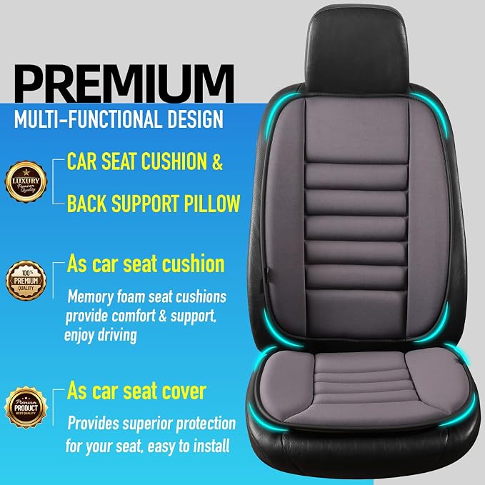 Lofty Aim Car Seat Cushion with Back Support Pillow, Driver Seat Cushion | Comfy Lumbar Support & Seat Cushion, Memory Foam Seat Cushion for Pain Relief, Butt Pillow for Car, Truck, Gray
