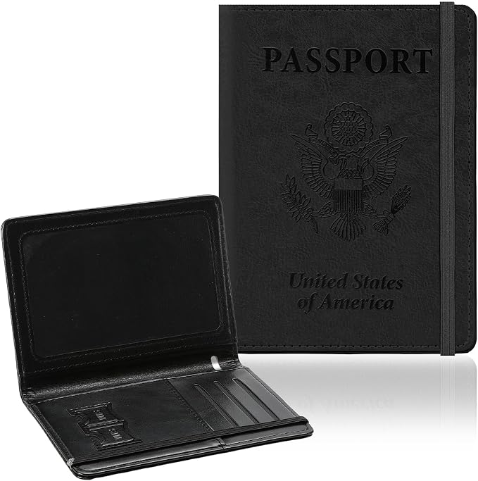 Passport Holder for Travel, RFID Blocking Passport Cover with Pen Holder Leather Passport Wallet Case Travel Must Haves Accessories Passport Book Card Holder for Family Travel Essentials Gifts, Black