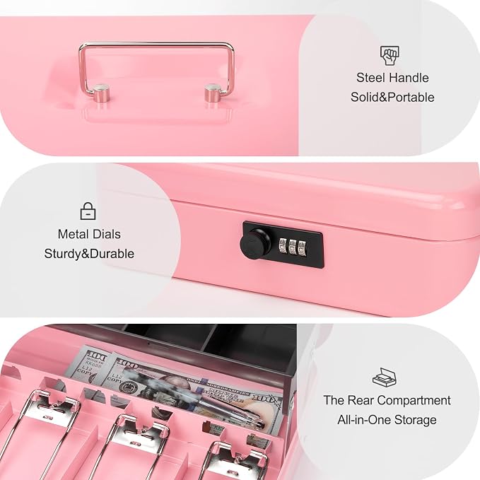 Jssmst Cash Box with Money Tray and Lock - Pink Cash Box with Combination Lock Safe Large, Locking Cash Register Drawer Box for Money, 11.8'' x 9.5'' x 3.5'', SM-CB005PC