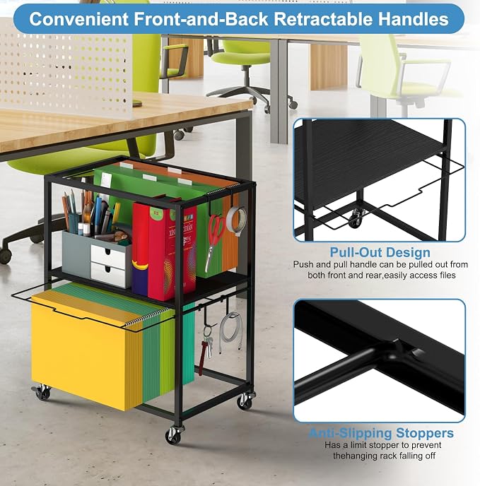 Sunexinlo Rolling File Cart for Letter/Legal Size 2-Tier,Hanging File Organizer, Pull-Out Mobile File Cabinet with 360° Wheels & 4 Hooks, Under Desk Filing Cabinets for Home Office, Black