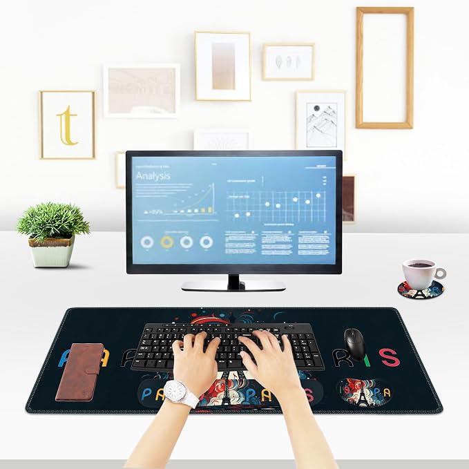 ToLuLu Extended Gaming Mouse Pad, Memory Foam Ergonomic Keyboard Mouse Wrist Rest Support Set, Large Desk Mat with Stitched Edges, Non-Slip Base Mousepad for Home Office and Game, Eiffel Tower Paris