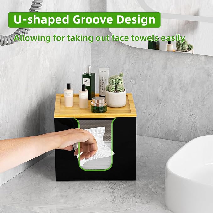 VITVITI Disposable Face Towel Holder for Clean Skin Club, Acrylic Box Black | 50 XL Face Towels Holder Container, Facial Towel Storage with Bamboo Lid, for Bathroom, Vanity Makeup