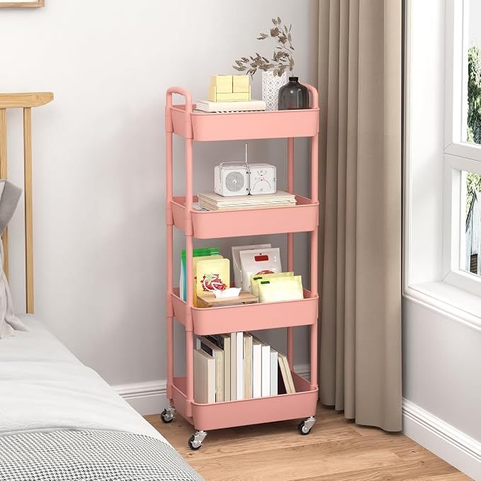 Sywhitta 4-Tier Plastic Rolling Utility Cart with Handle, Multi-Functional Storage Trolley for Office, Living Room, Kitchen, Movable Storage Organizer with Wheels, Pink | Multi-Functional Storage Trolley, for Office, Living Room, Kitchen, Bathroom,Mova...