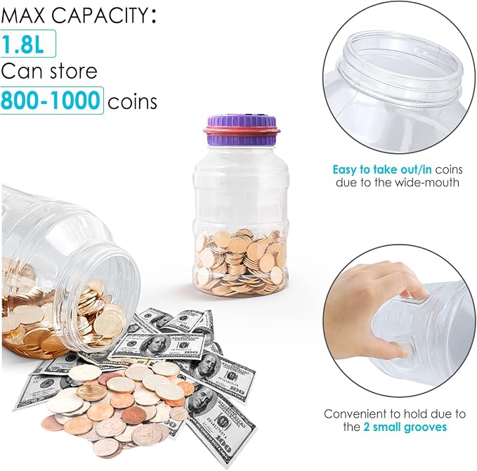 Large Piggy Bank for Adults Kids, Vcertcpl Digital Coin Counting Bank with LCD Counter, 1.8L Capacity Coin Bank Money Jar for Adults, Designed for All US Coins (Purple)