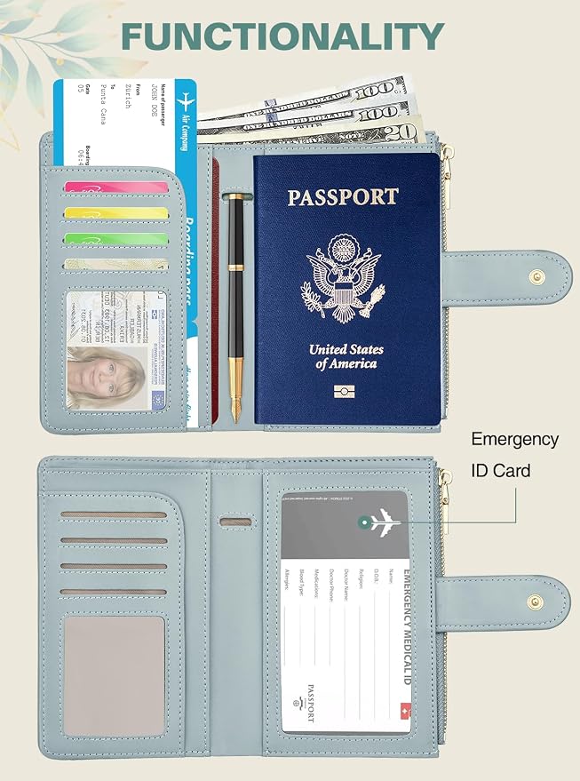 RFID Passport Holder for Travel, Leather Passport Wallet Cover with Airtag | with Airtag Slot, Card Cash Holders, Zippered Coins Pocket, for Women/Men, Gift Box, Travel Essentials, 4.1"L x 1"W x 6.3"H