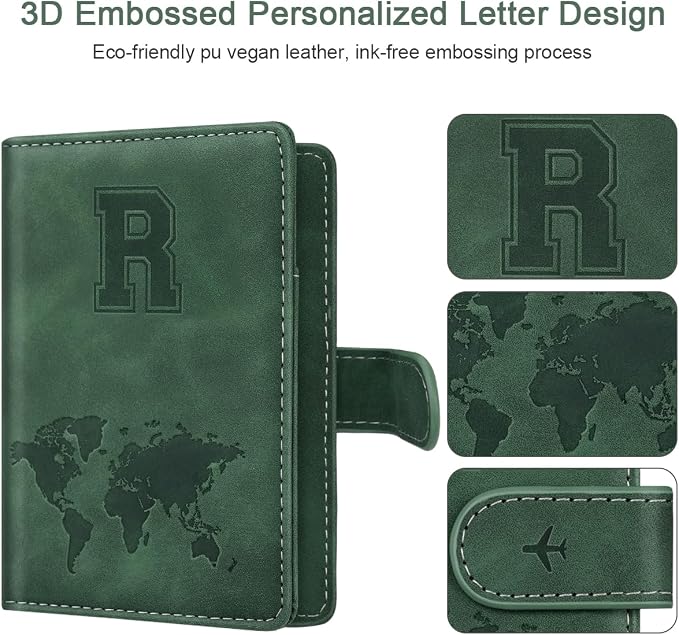 Passport Holder Wallet Cover Personalized Initial Travel Essentials | Embossed Letter A-Z Design, Travel Wallets, RFID Blocking, Passport Book Holders, Women Men, Personalized Gifts, Green-R