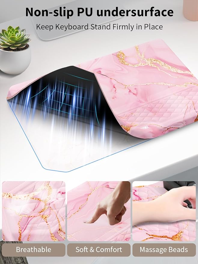 3-in-1 Ergonomic Keyboard Stand with Wrist Rest & Mouse Pad Set,Pink Marble | Comfy Keyboard Riser Holder Soft Mousepad with Massage Design, Memory Foam and Non-Slip PU Base for Pain Relief