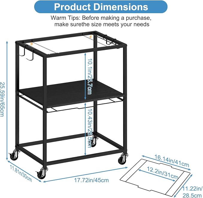 Sunexinlo Rolling File Cart for Letter/Legal Size 2-Tier,Hanging File Organizer, Pull-Out Mobile File Cabinet with 360° Wheels & 4 Hooks, Under Desk Filing Cabinets for Home Office, Black