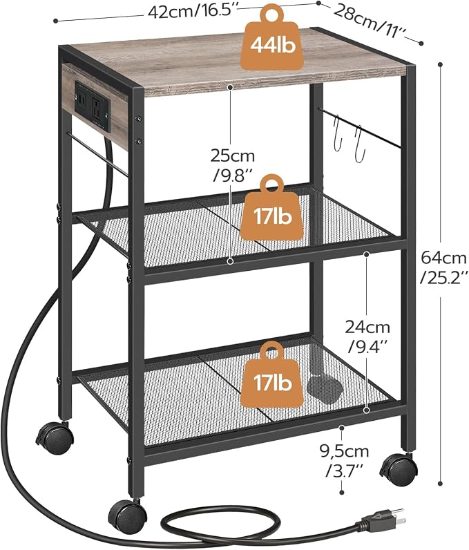 HOOBRO Industrial Printer Stand, 3-Tier Mobile Printer Table, Rolling Cart with Power Outlets and USB Ports, Home Printer Stand with 2 Hooks, for Office, Living Room, Greige and Black BG22UPS01