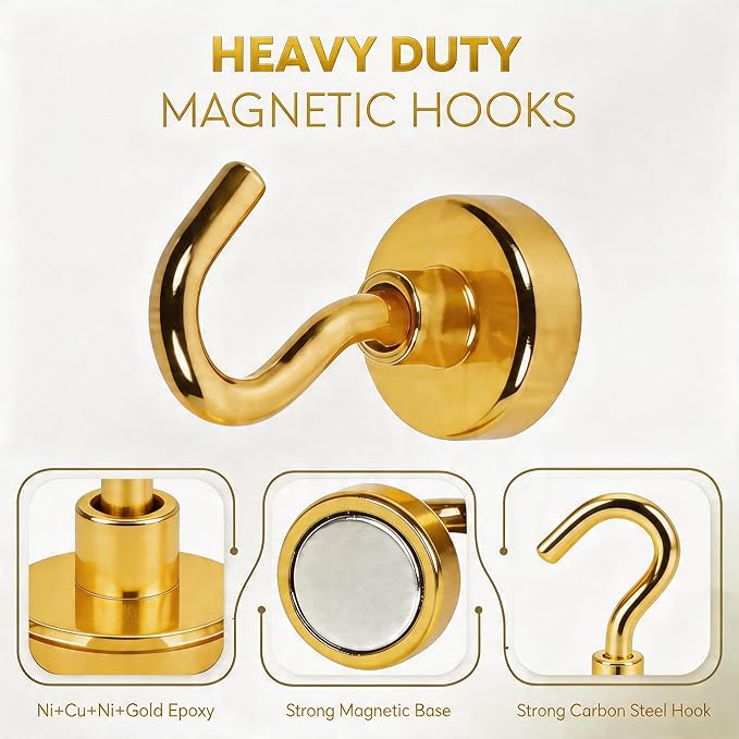 Neosmuk Magnetic Hooks, Heavy Duty 30lb+ Strong Magnet Hook for Cruise Cabins, Cruise Essentials 2026 for Hanging, Metal Wall Refrigerator Hangers (Gold, 10 Pack)