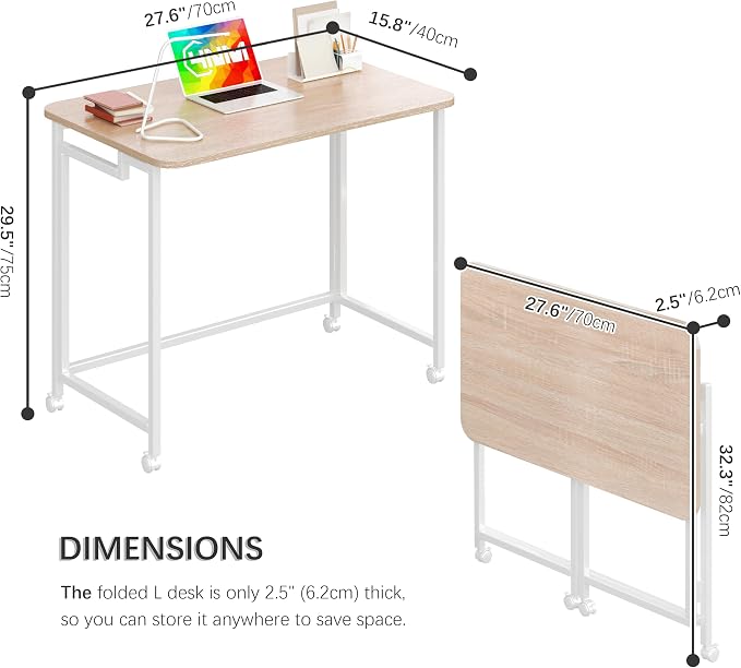 4NM 27.5" Mobile Small Rolling Computer Desk, Folding Laptop Cart Table with Wheels, Portable Office Desk for Small Space Couch Bed - Natural and White
