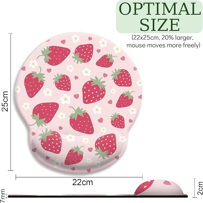 LIMKRIAN Pink Ergonomic Mouse Pad with Gel Wrist Rest, Strawberry Mousepad | Non-Slip PU Base, Smooth Surface, Comfort Wrist Support, Cute Home Office Decor School Supplies Desk Accessories for Women
