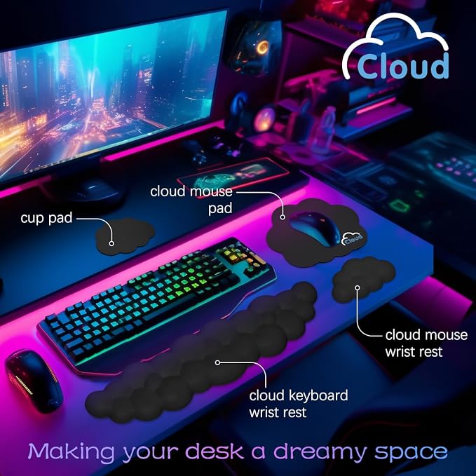 4 in 1 Ergonomic Leather Cloud Wrist Rest Keyboard and Mouse Pad & Coaster | Full 4-Piece Set, Non-Slip PU Base, Soft Memory Foam Comfort For Long Work/Gaming Hours, Cute Desk Decor, Easy To Clean