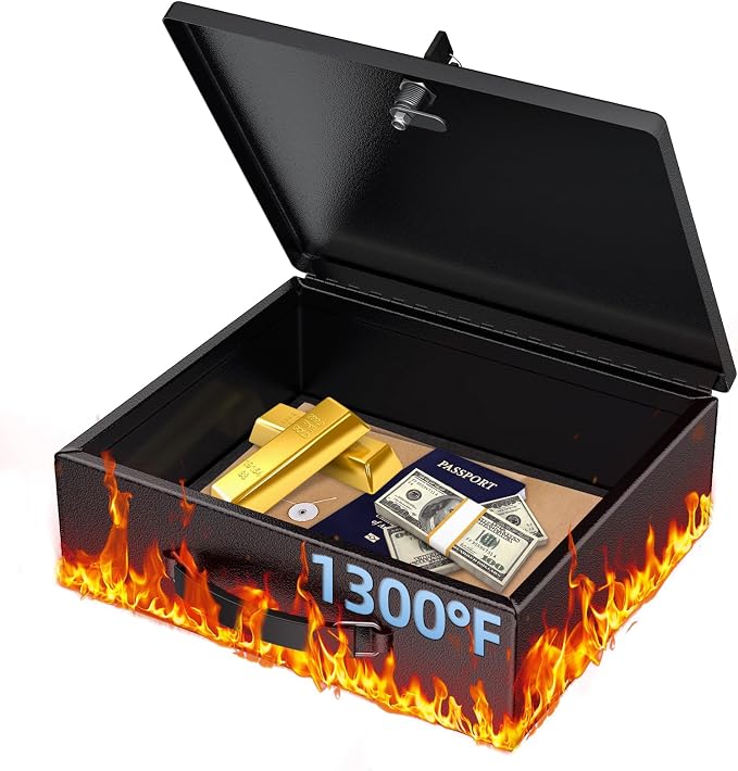 Uniclife Fireproof Document Box with Key Lock & Handle, 13" x 10.9" x 4.1" | Water-Resistant, Large Metal Lock Box for A4 Paper, Safe Box for Valuables, Passports & Cash