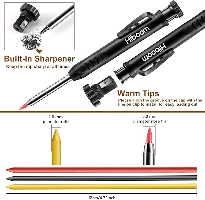 Hiboom 2 Pack Carpenter Pencils with Pencil Cap and 18 Refills, Black | Mechanical Pencil, Deep Hole Marking, Built-In Sharpener, Long Nose Tip, Pocket Clip, Marks Many Surfaces, Woodworking Use