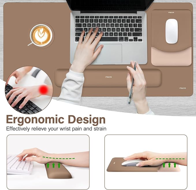 MOSISO Keyboard Mouse Pad Set, Large Gaming Mouse Pad&Keyboard Wrist Rest | Rectangular Mousepad with Wrist Rest&Coaster, Ergonomic Non-Slip&Easy Typing Pad with Curved Silicone Lining, Mocha
