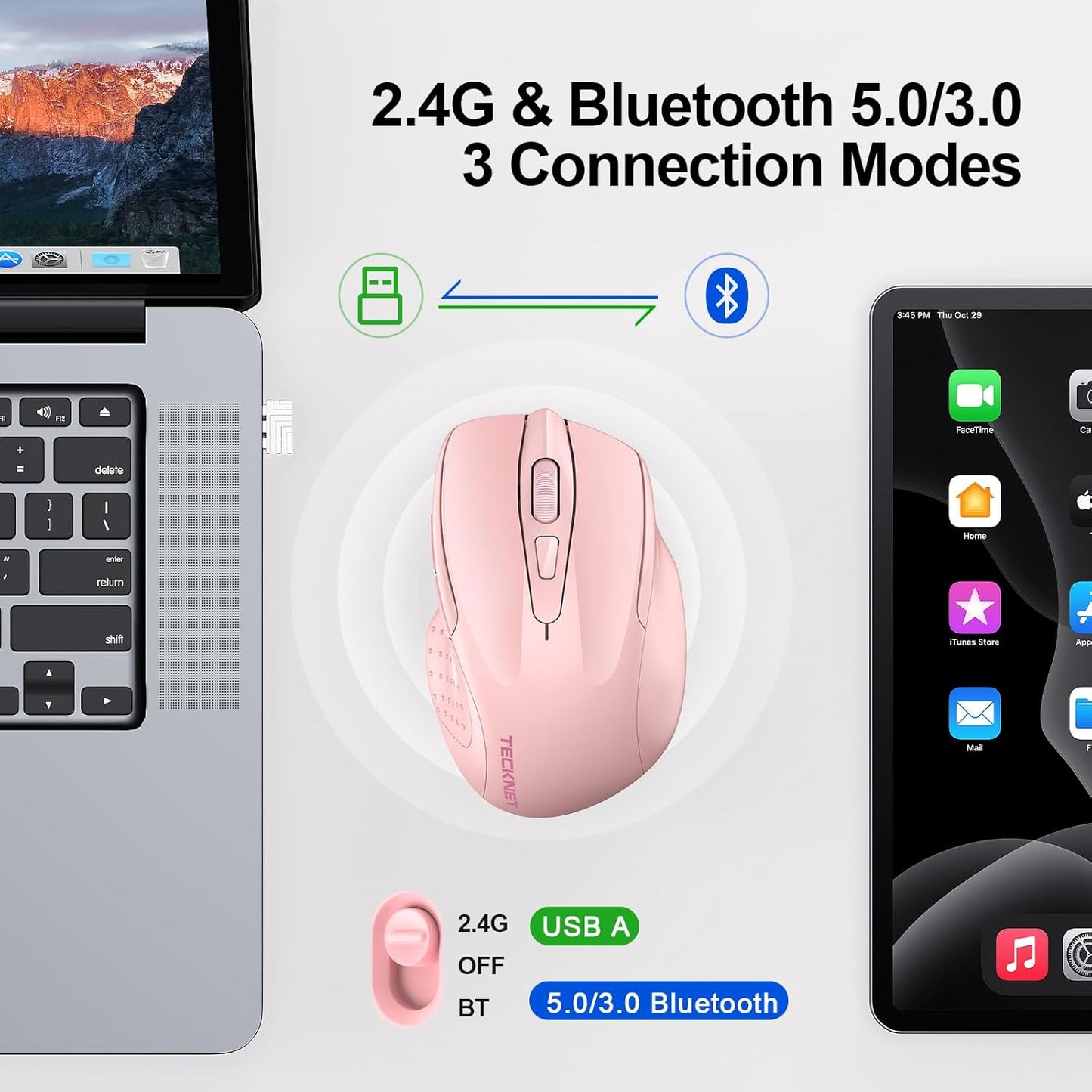 TECKNET Wireless Mouse (BT5.0/3.0 & 2.4G) Rechargeable 4800 DPI Silent USB A & Bluetooth Mouse 6 Buttons, Wide Compatibility - Pink