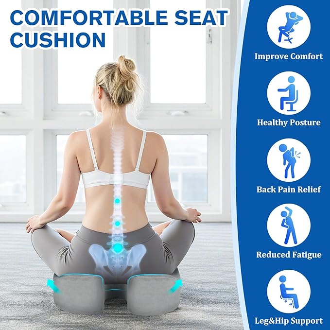Seat Cushion, Chair Cushions, Office Chair Cushions, Anti-Slip Bottom & Removable Cover Tailbone Pain Relief Cushion, Memory Foam Seat Cushion for Office, Wheelchair, Car (Light Grey)