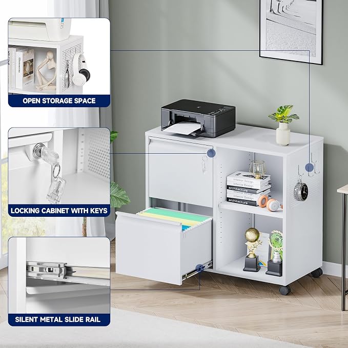 2-Drawer Metal File Cabinet with Lock, Mobile Lateral Filing Cabinet, Printer Stand with Adjustable Storage Shelves for Home Office (White)