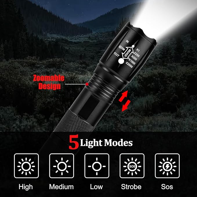 Zoomable LED Flashlights with 5 Modes 2Pack Christmas Stocking Stuffers Birthday Gifts for Men Him Dad Included Batteries Bright Tactical Torch High Lumens Outdoor Fishing Hiking Camping Essentials