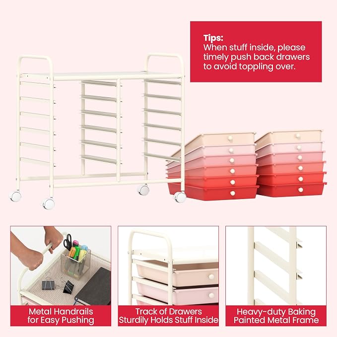 Giantex 12 Drawers Rolling Cart, Mobile Storage Drawer Cart, Classroom Organizer Cart for Office School Supplies Tools Scrapbook Paper Craft Small Printer, Utility Cart on Wheels, Pink Gradient