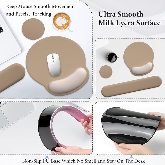 3 in 1 Ergonomic Mouse Pad and Keyboard Wrist Rest with Coaster Set-Brown | Cute Large Mousepad with Gel Wrist Support for Gaming Computer Laptop Women Office Home Desk Decor