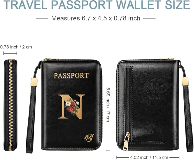 Passport Holder for Travel Personalized Wallet with Wristlet Women | Passport Cover, RFID Blocking, Passport Book Holders, Back Coin Pocket, Zipper Closure, Roses Initial Letter, Black N
