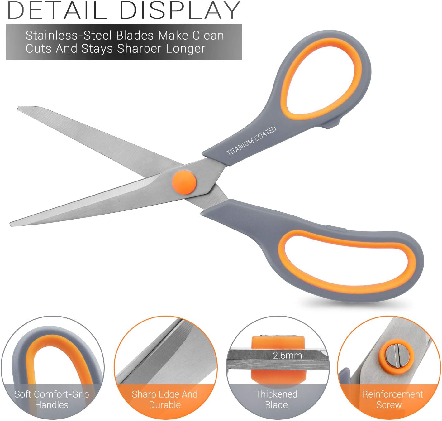 Scissors 8" Multipurpose Titanium Coated Sturdy Sharp Scissors Right/Left Handed Comfort-Grip Handles for Office Home School Sewing Fabric Craft Supplies Gray