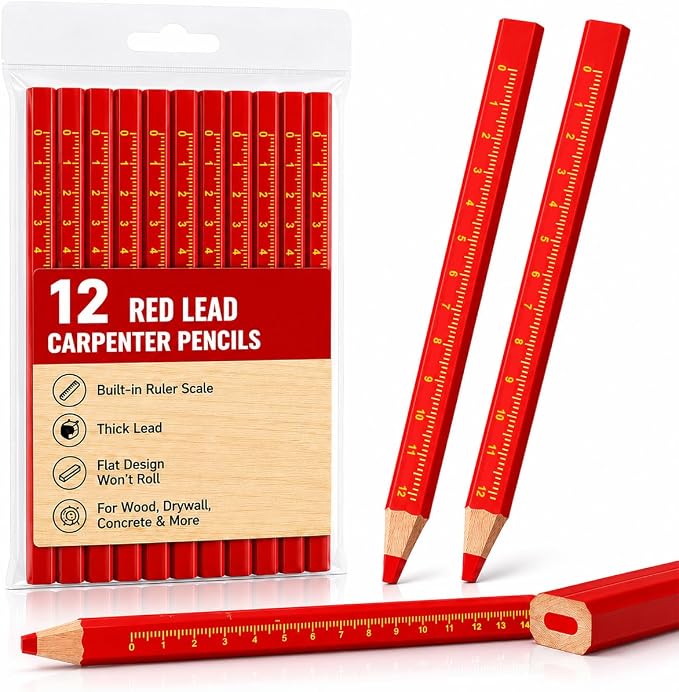 Carpenter Pencil Set for Construction, Woodworking Marking Tool, Scriber for Contractor (Red-Ink)