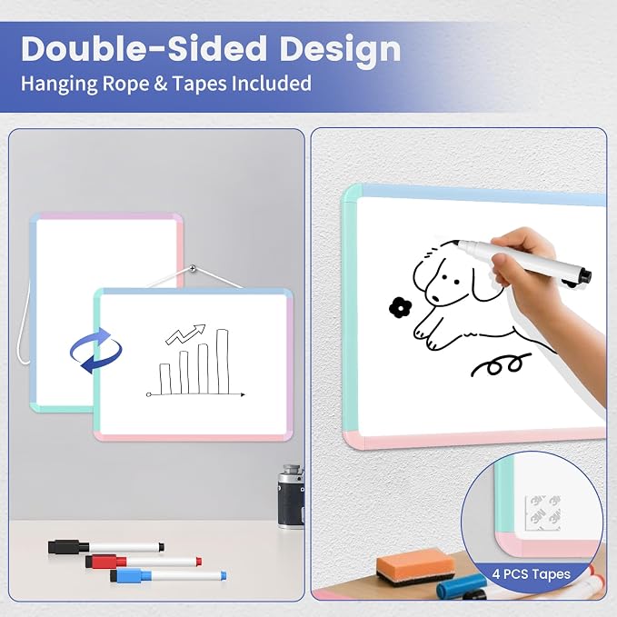 Small Wall White Board, 11" x 14" Mini Double-Sided Magnetic Dry Erase Board with Plastic Frame, Hanging Whiteboard with 5 Markers for Kids Students School Kitchen Home & Office, Colorful