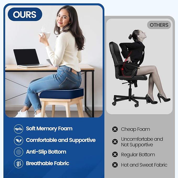 SweetSlubr Seat Cushion for Tailbone Pain Relief, Office Chair Cushion, Memory Foam Large Chair Pad with Non-Slip Cover for Soft Support at Office Chair, Car Seat, Airplane Dark Blue/Large