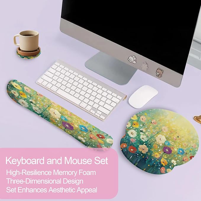 Flower Daisy Poppy Floral Keyboard Wrist Rest Pad Mouse Pad Set,Ergonomic Mousepad Wrist Support Memory Foam Desk Pad for Gaming Office,Non-Slip Rubber Base Easy Typing for Home Office Computers
