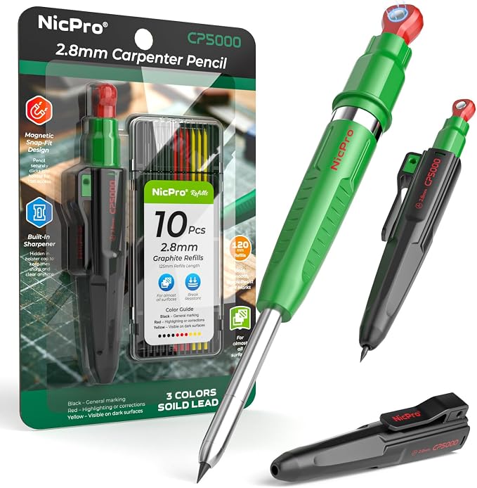 Nicpro 7-in-1 CP5000 Magnetic Carpenter Pencils with Sharpener and Holster | Construction Mechanical Pencil+10 Refill, Deep Hole Marker for Construction, Woodworking Pencil, Carpenter Tools for Marking