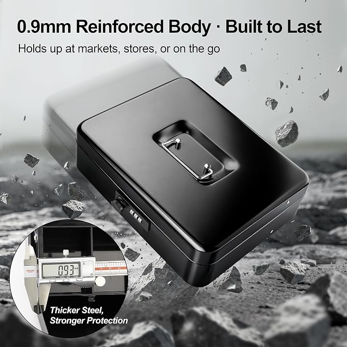 Jssmst Locking Large Metal Cash Box with Money Tray, Money Box with Combination Lock, Black