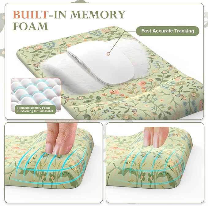 iCasso Mouse Pad with Wrist Rest, Large Desk Mat Set, Bean Green | Ergonomic Keyboard Pad with Wrist Support, Non-Slip Mouse Mat for Women, Cute Floral Computer Mat for Home Office Gaming