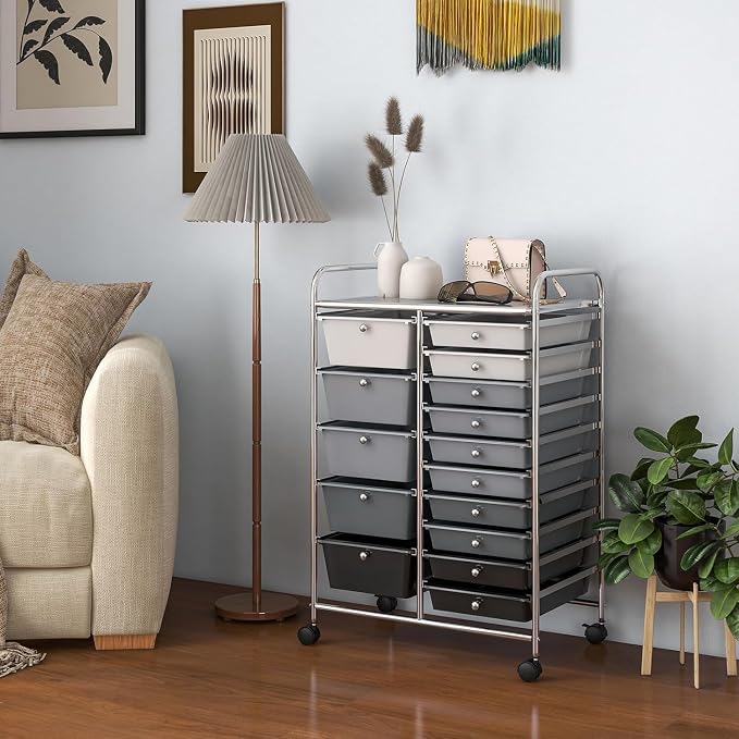 15 Drawer Rolling Storage Cart, Rolling Cart with Drawers for Classroom, Art Supply Craft Organizer on Wheel with Metal Frame & Handles for Home Office School