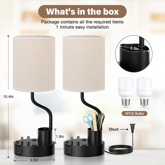 Bedside Lamps for Bedroom Set of 2 - Table Desk Lamp for Nightstand | 15" Table Lamp for Living Room with Pen Holder & Phone Stand, USB A+C Port, AC Outlet, 3 Color Temperature, LED Bulb Included