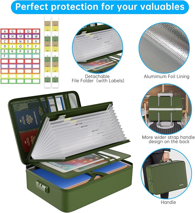 ENGPOW Fireproof Document Organizer Bag with Lock ＆ Accordion File Folder | 5200℉ Multi-Layer File Organizer Box with Lock ,Heat Insulated, Water Resistant, Safe Storage for Home Office Travel,Green