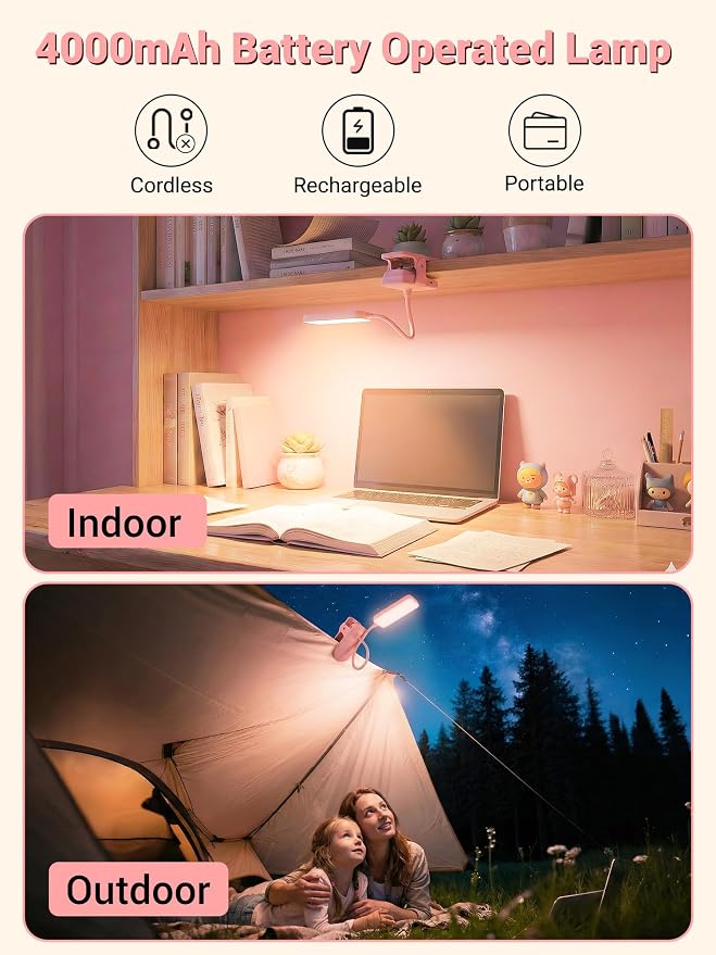 Pink Desk Lamp for Dorm Lamp, 9 Brightness+5 Color Clip on Light, Cute Lamp | 4000mAh Battery Rechargeable, Small Pink Lamp for Girls/Kids, Cordless Clip on Reading Light for Bed/Headboard/Bedside Table