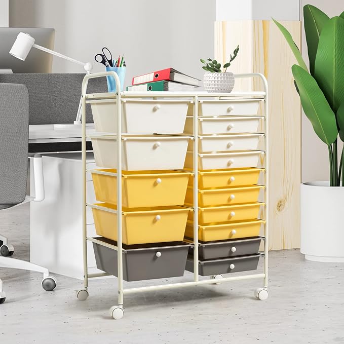 GLACER 15 Drawers Rolling Storage Cart, Steel Frame Craft Organizer Cart | Utility Cart w/Lockable Wheels & Sleek Handle, Mobile Art & Tool Supply Trolley for Teacher, Home, School, Office (Yellow)