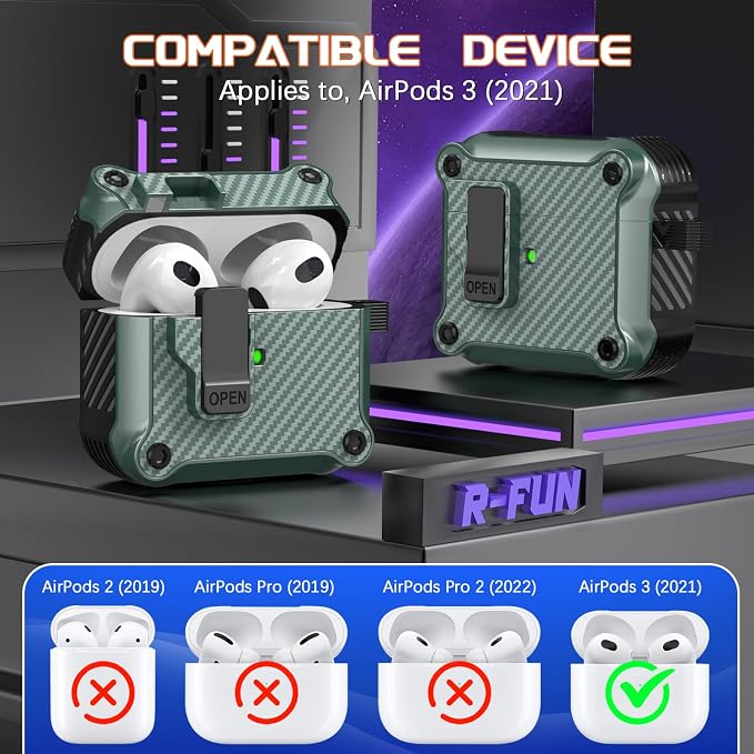 R-FUN for AirPods 3 Case Cover with Lock Magnetic Lid, Pine Green | Compatible with Apple AirPods 3rd Generation (2019) Case with Cleaner Kit & Carabiner, Powerful Drop Protection