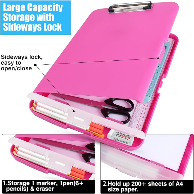 Plastic Clipboard with Storage,A4 Nursing Clipboard Folder with Pen Holder,Cute Clip Boards 8.5x11 Heavy Duty,Side Opening for Office,School,Home Work,Hot Pink