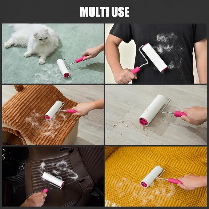 Extra Sticky Large Surface Lint Roller, 6.3''Wide Roller for Pet Hair | Long Handle Lint Remover for Couch, Furniture, Clothes, Dog & Cat Hair Remover (1 Roller+360 Sheets(Pink))