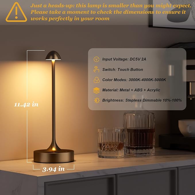 Kakanuo Rechargeable Cordless Table Lamp, Battery Operated Lamps, 3-Color Stepless Dimming, Portable Wireless Desk Lamp, LED Lighting for Dining Room, Restaurant, Office, Bar, Home(Brown 2 Pack)