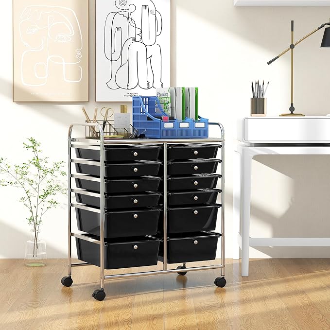 BECOMFORT 12-Drawer Rolling Cart with Drawers, Storage Cart on Wheels, Teacher Classroom Organizers with Metal Frame, Mobile Craft Cart, Trolley Utility Cart for School Office Play Room