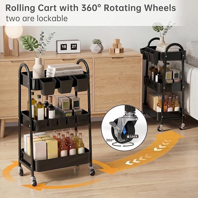 3-Tier Rolling Cart, Utility Cart Mobile Metal Rolling Storage Cart with Lockable Wheels & Hanging Cups & Hooks for Kitchen, Bathroom, Office, Workshop, Black