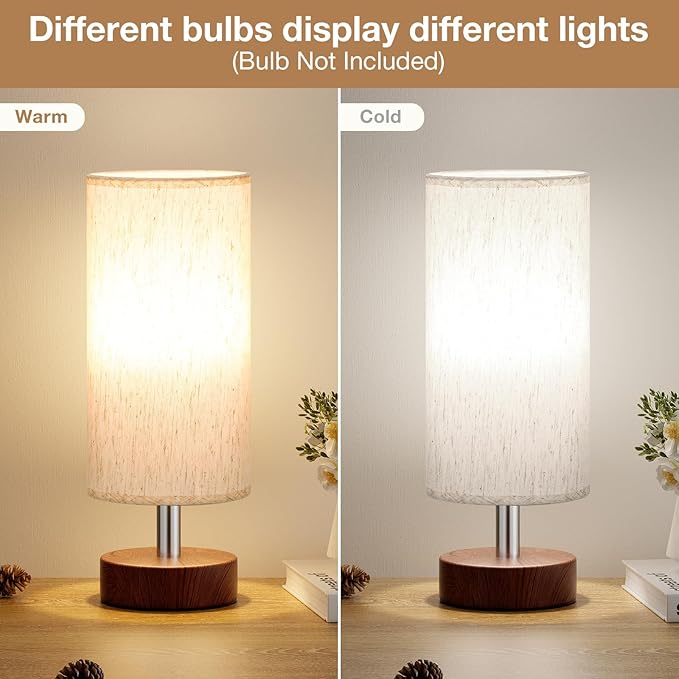 Table Lamps Set of 2 （Cream Shade - Walnut Base, 11.6" Inline Control） | Bulb not Included | Small Lamps for Bedroom | Desk Lamp for Reading | for Living Room | for Dorm | Linen Shade