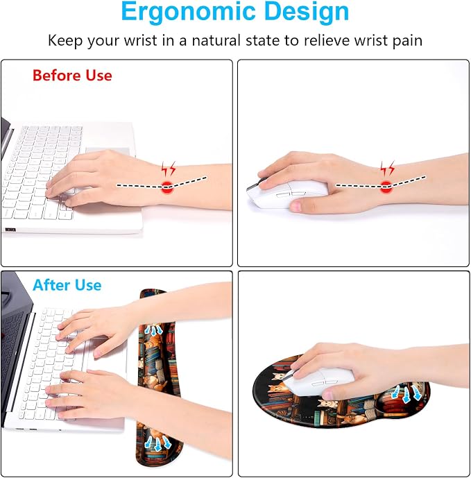 Dapesuom Keyboard Wrist Rest and Mouse Pad with Wrist Support, Cute Memory Foam Cushion for Keyboard and Mouse Set, Ergonomic Pad Rests with Non Slip Base for Easy Typing & Pain Relief, Library Cats