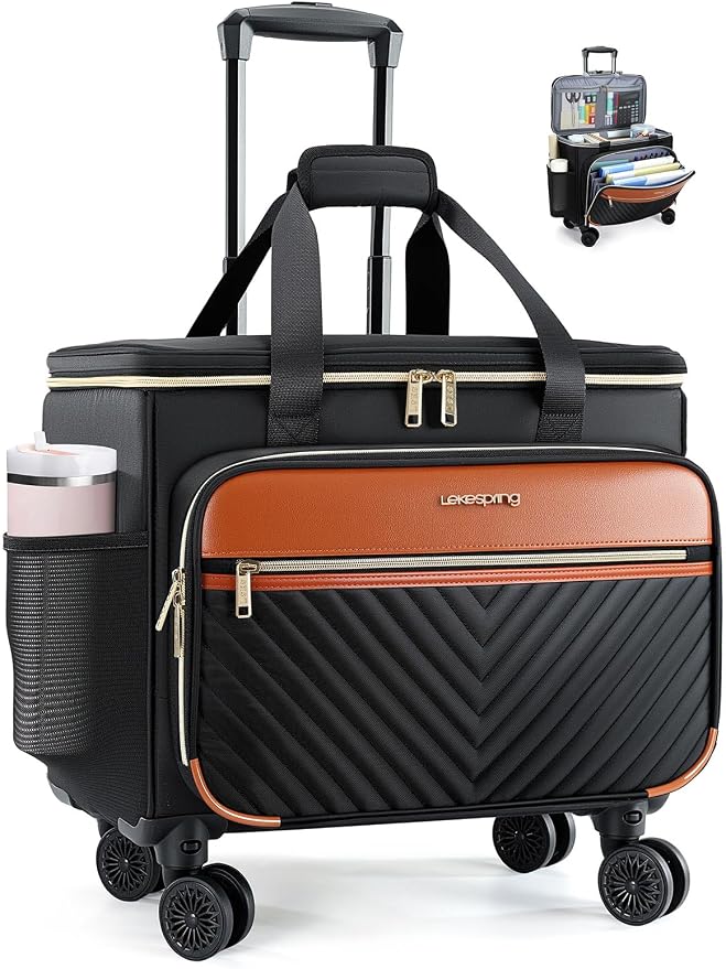 Rolling Teacher Bag with 4-Wheels 360° Spinner, Hardside Large | Laptop Rolling Briefcase for Women Teacher Office Craft Nurse, Roller Tote Work Bag with Accordion File, V-Quilt Black Brown