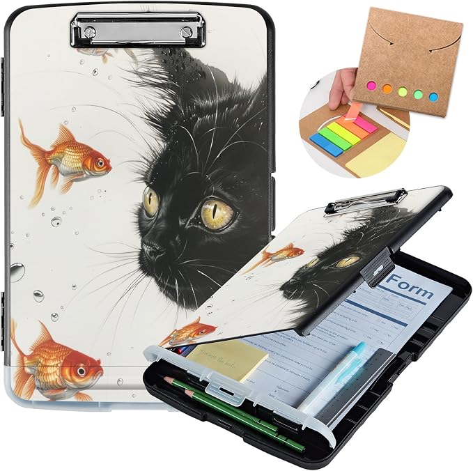 Clipboard with Storage,Storage Clipboard with Pen Holder,Heavy Duty Plastic Storage Clipboard with Low Profile Clip,Teacher Must Haves,Clipboard Folder,Office Supplies,Cat and Beautiful Fish